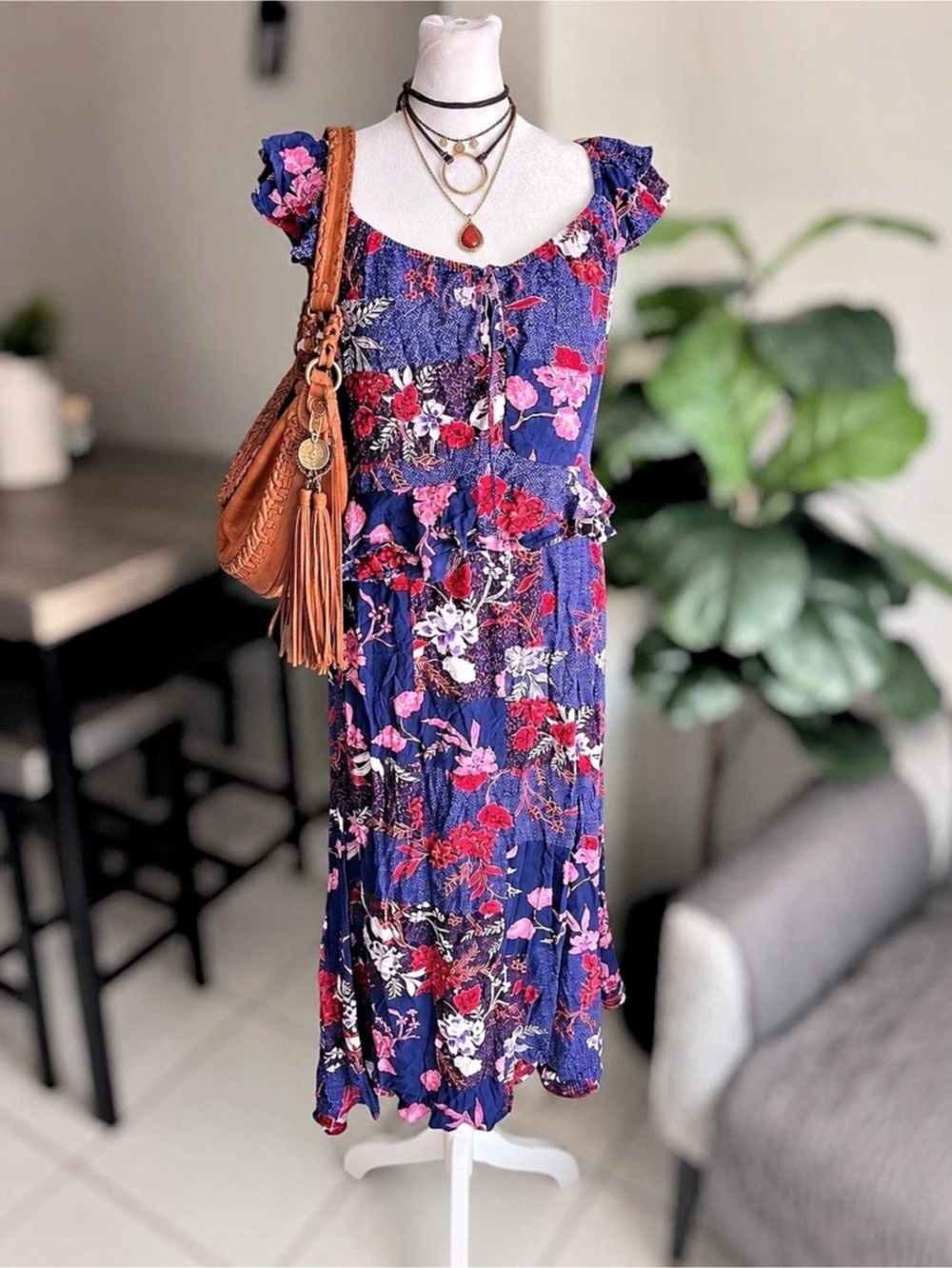 No Boundaries Floral Ruffle Midi Dress Size XL Boho Peasant Style